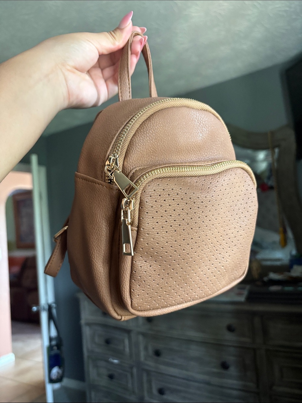 Compact Tan Mini Backpack Purse - Women's Fashion Bag